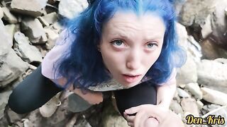 Cute Schoolgirl with Blue Hair gives blow job and Sex to get Cum on Face