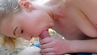 Lucky Cameraman Gets A Blowjob From Hot Skinny Jette Kare Outdoors In A Forest
