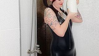 Backstage Filming In A Shower With Milk And In A Latex Dress