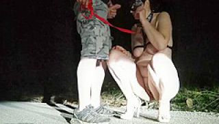 On Public Road Total Naked Whore On Leash And High Heels Pissing While Sucking Husbands Cock