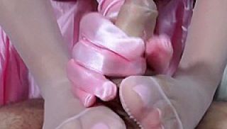Majestic Glamour Princess Pink Nylons Footjerking Foot and Hand Job with Pink Satin Gloves - Cum on
