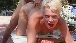 Blonde With Short Hair Gets Her Pussy Drilled By A Dude Outside After Playing With Toys