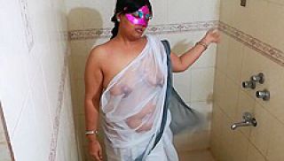 Indian Big Boobs Horny Lily In Bathroom Taking Shower In White Saree